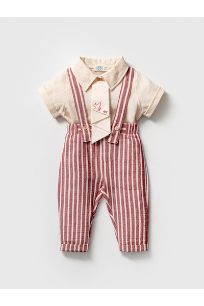NoyNoy Baby Erkek Bebek Müslin Salopet Takımı - Çizgili Askılı Pantolon, Göml...