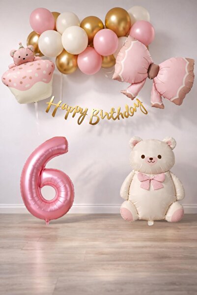 Patladı Gitti Σετ γενεθλίων με θέμα το ρετρό αρκουδάκι 6 ετών για κοριτσάκι