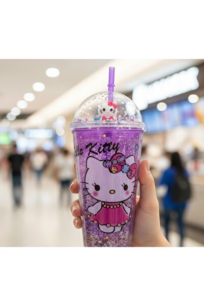 Kuzey Tacı Hello Kitty Tasarımlı Figürlü ve Işıltılı Pipetli Çift Duvarlı Su ...