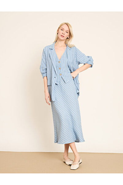 BGN workshop تنورة مخطط ميدي كتان بتفاصيل خصر مطاطي