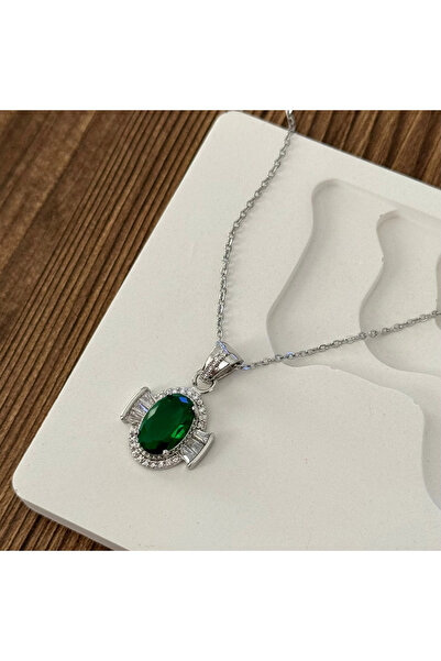 TURKAFONE Silver Necklace with Green Stone