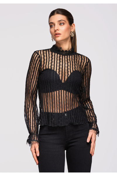 OMBRE Γυναικείο Δαντελένια Μπλούζα εφαρμοστή OW-TS-E0014 Μαύρο