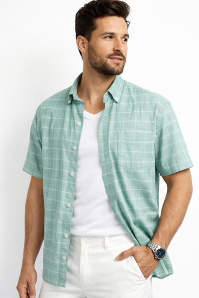 Varetta Men's Short Sleeve Green Shirt Linen Effect Pocketed Wide Cut Summer ...