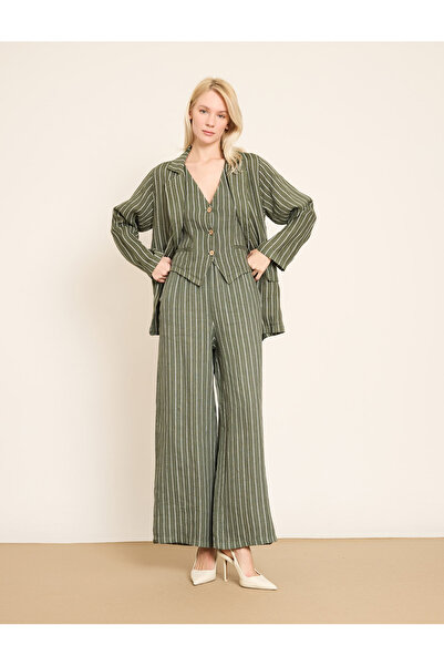 BGN workshop Wide Leg Elastic Waist Detailed Striped Linen Pants