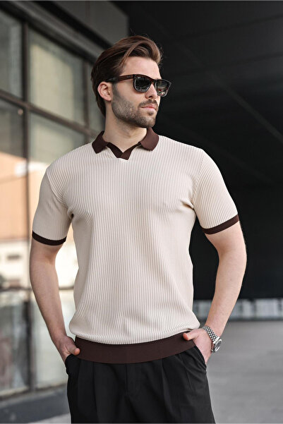 Madmext Stone Color Polo Collar Knitwear Men's T-Shirt E7464