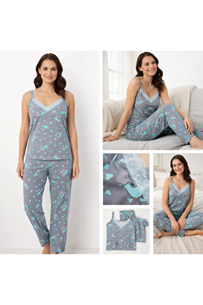 Melff Navy Blue Heart Patterned Lacy Viscose Stretch Fabric Fabric 3-Piece Wo...