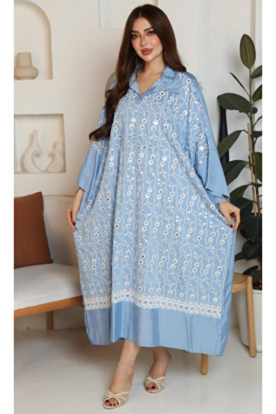 TREN Women Blue Embroidered Jalabiya Butterfly Sleeve Kaftan Loose Fit Recept...