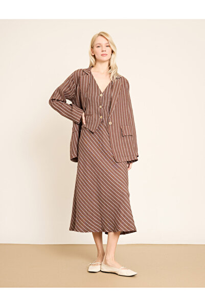 BGN workshop Elastic Waist Detailed Striped Midi Linen Skirt