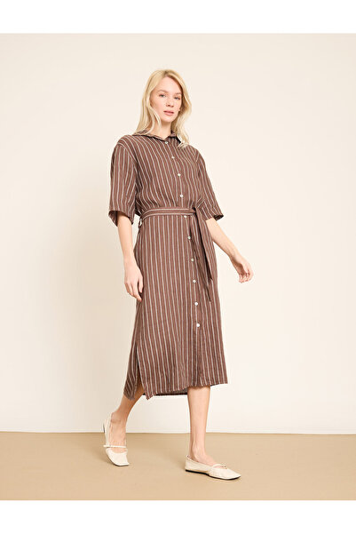 BGN workshop Vertical Striped and Belt Li Linen Shirt Dress
