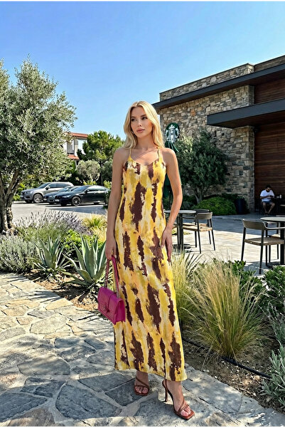 NEWNOW Women's Backless Cord Strap De Patterned Azlik Maxi Dress