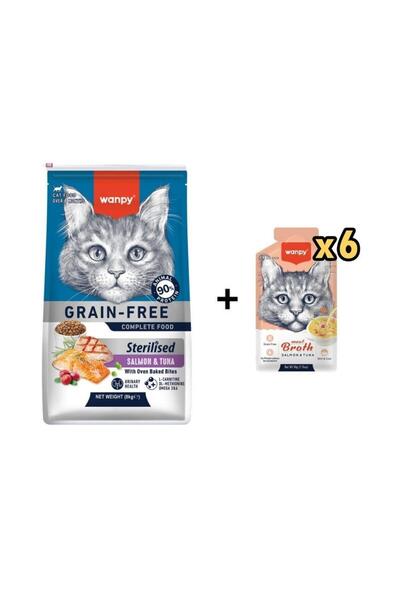 Wanpy Tahılsız Somon Tuna Kısırlaştırılmış Kedi Maması 8 kg + 6 AdetWanpy Som...