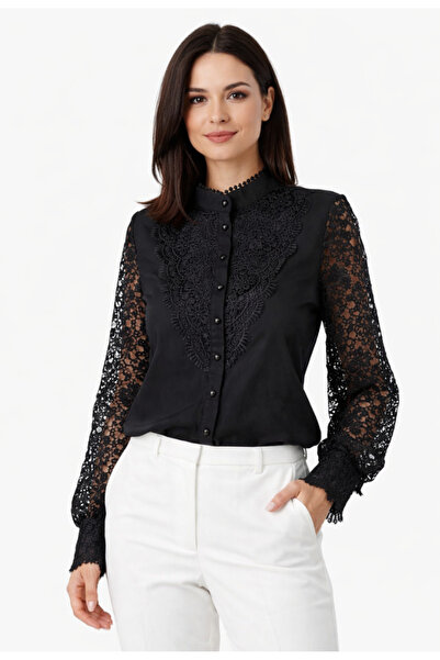 Nobrand Cămașă damă elegantă cu dantelă, mâneci transparente și guler înalt –...