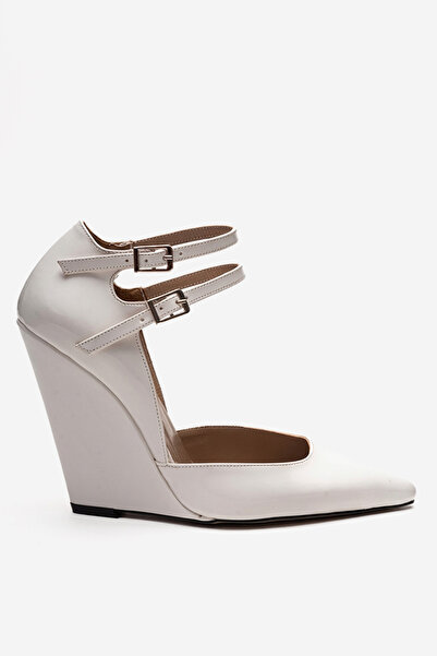 Ayakkabı Ateşi White Patent Leather Pointed Toe Wedge Heel Open Back Women's ...