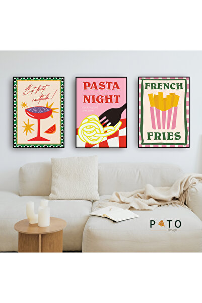 Pato Design 'Retro & Vintage Siyah Çerçeveli 3'lü Tablo Seti' But First Cockt...