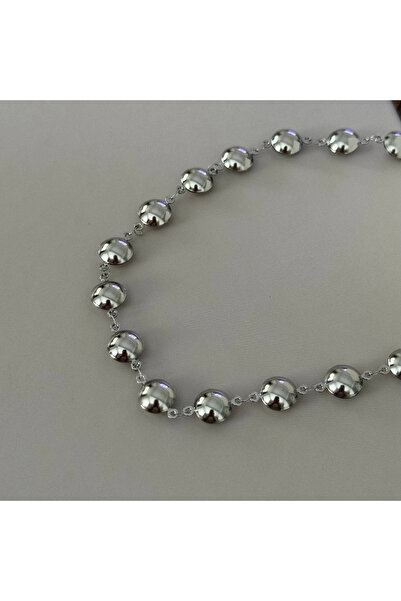 TURKAFONE Flat Bead Silver Thick Necklace