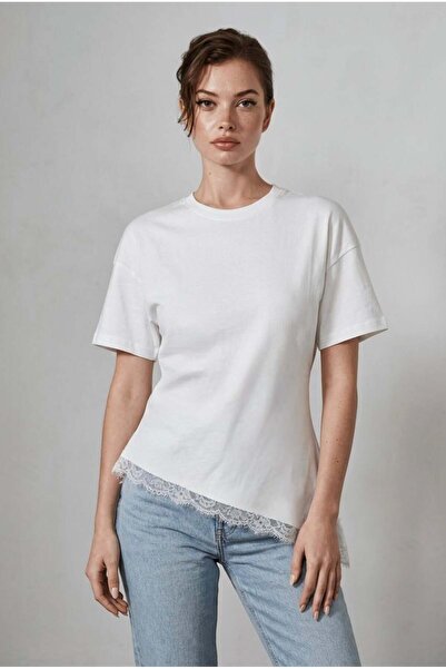 Madmext Ecru Lace Detailed Waist-Fitted Asymmetrical Women's T-Shirt Mg2719