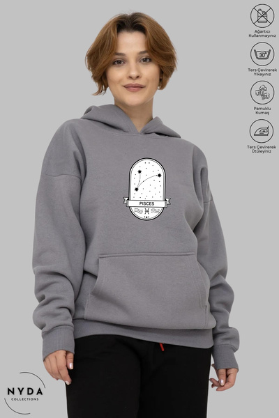 Nyda Collections Unisex Φούτερ με κουκούλα με μακριά μανίκια, με στάμπα Ιχθύε...