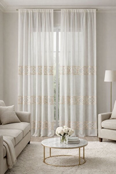 CASA NATURALE Linen Embroidered Sheer Curtain with Linen Panels