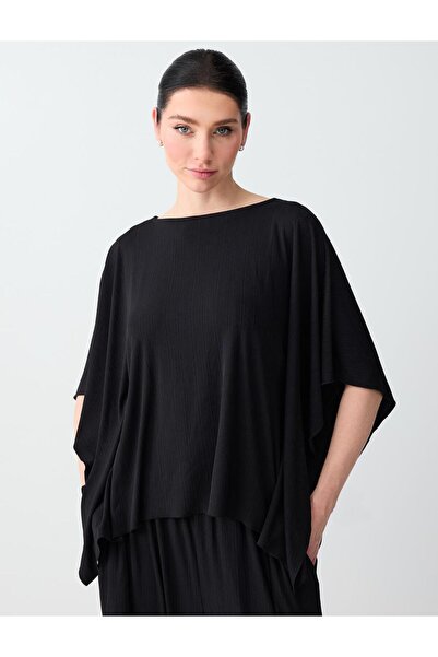 Jimmy Key Siyah Rahat Kesim Düşük Omuz Uzun Örme Bluz