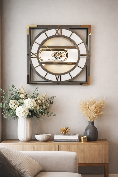 aSSe Tasarım Hareketli Çarklı Eşsiz Dekoratif Duvar Saati 50x50cm Beyaz - Ant...
