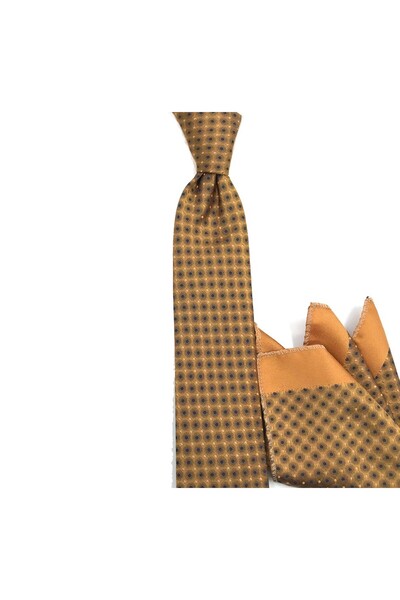 Sade Kravat Dark Gold Mustard Yellow Small Patterned Fine Tissue Tie 33297 Go...