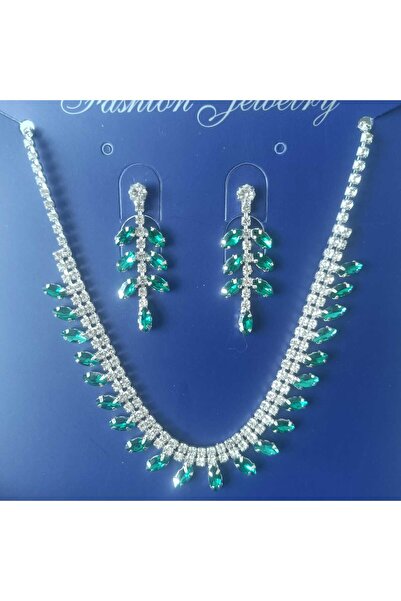 Mihra Aksesuar Green Shuttle Stone Necklace and Earring Set