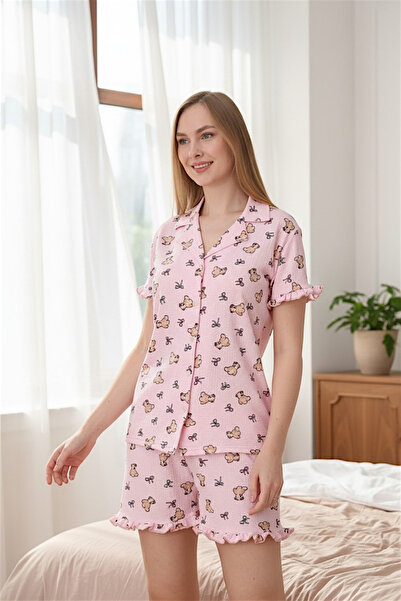 SEBOTEKS Bürümcük Kumaş Με κουμπιά μπροστά Γυναικείο Σετ Πιτζάμες με Κοντομάν...