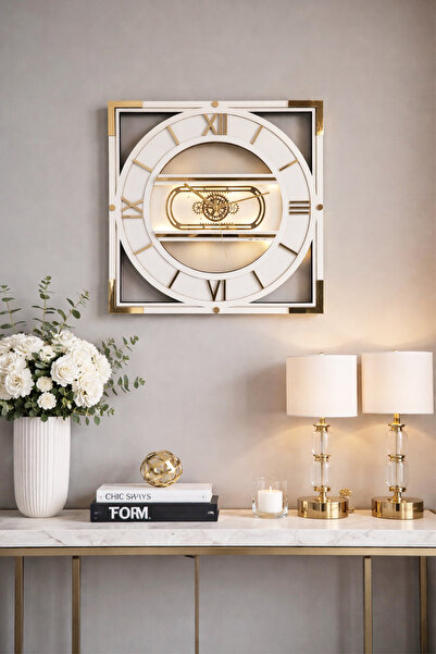 aSSe Tasarım Hareketli Çarklı Eşsiz Dekoratif Duvar Saati 50x50cm Beyaz-Gold