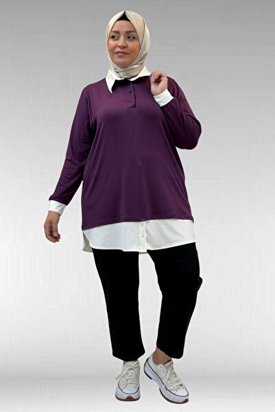 Eslina 68028 Büyük Beden Kombinli -Manşetli Penye Tunik - Mürdüm