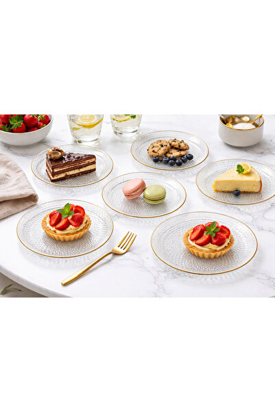 LeyMasion Gold Kenarlı Cam Servis Tabağı 6'lı Set | Desenli Cam Pasta Tatlı S...