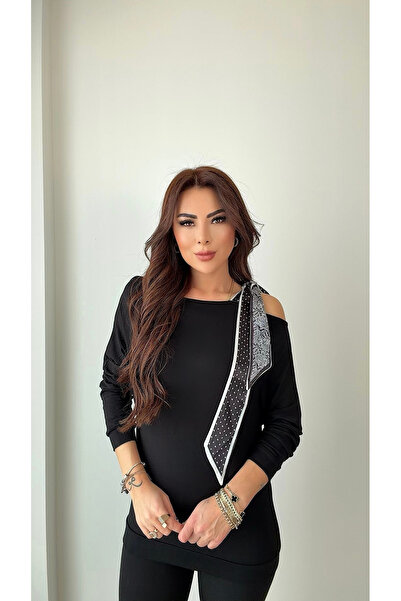 DİDEM GÜLTAKTI Deci Women's Scarf Detailed Boat Neck Black Blouse