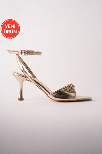 MARSHETTA Livya Gold Ankle-Tie Stone Buckle Detail Women's Wedding Party Heel...