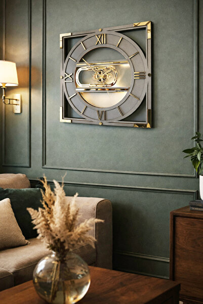 aSSe Tasarım Hareketli Çarklı Eşsiz Dekoratif Duvar Saati 50x50cm Antrasit-Gold