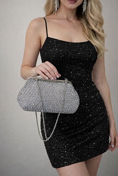 ÇANTA GECCE Silver Işıltılı Abiye Clutch – Zincir Askılı Gece Davet Çantası