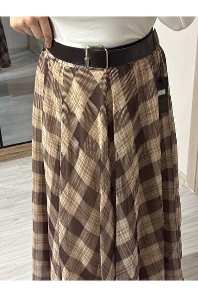 ELA Brown Plaid Patterned Belt Elastic Waist Chiffon Skirt