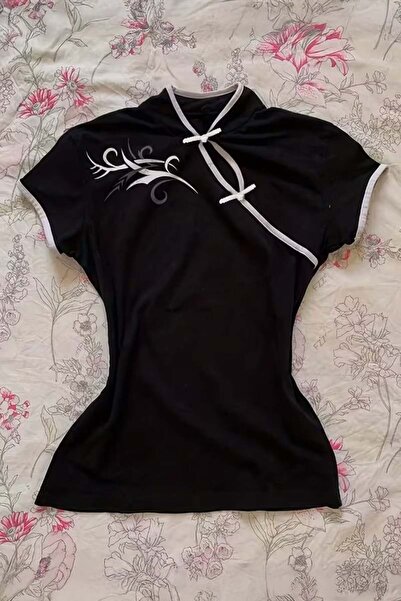 Kirpi Hilmi Beyaz Çin Yakalı Floral Motifli Beyaz Şeritli Vintage Y2K Kısa Ko...