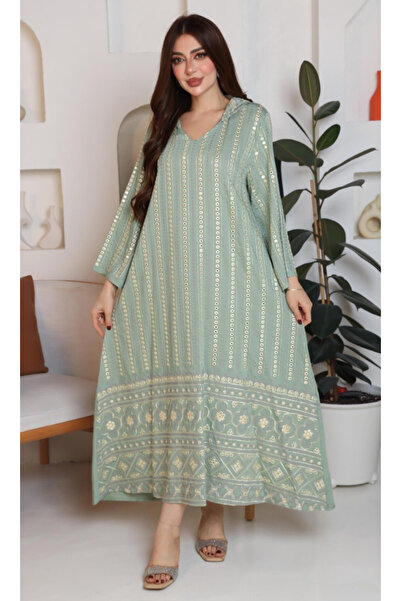 TREN Premium Mint Jalabiya Gold Embroidery Hooded Kaftan Dress Modest Full Le...