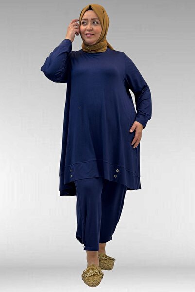 Eslina 67041 Plus Size Button Detailed Combed Cotton Trousers Suit - Indigo