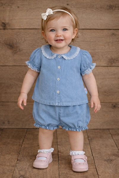 EYMİRGİYİM Lace Piece Shirt and Denim Shorts Set Short Sleeve Baby Girl Child...