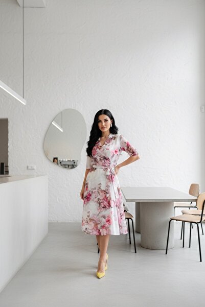 LAFAT ROCHIE ELEGANTA CU IMPRIMEU FLORAL, MANECI DIN VOAL