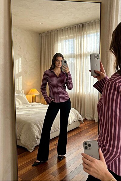 PERA MODA Vücuda Oturan Beli Saran İspanyol Kol Çizgili Gömlek