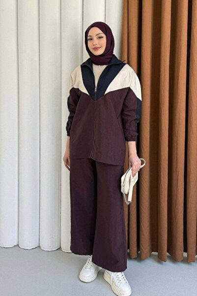 Modaensarbutik Renkli Paraşüt Detay Pantolonlu Tesettür Takım-BORDO