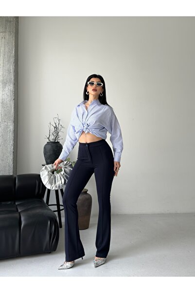 GİYESA Women's Navy Blue High Waist Shaping / Sculpting Flared Striped Fabric...