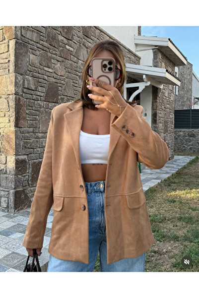 By yarendokgoz Blazer kadın ceket taba rengi suet