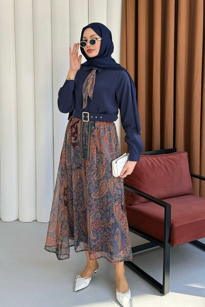 Modaensarbutik Fular Detaylı Şifon Etekli Tesettür Takım-LACİVERT