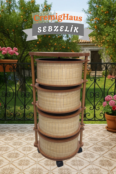 CremigHaus Ahşap Sebzelik Geleneksel Tasarım Yuvarlak Akça Desenli 4 x 5 kg K...