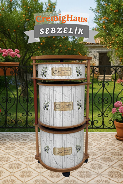 CremigHaus Ahşap Sebzelik Geleneksel Tasarım Yuvarlak Mermer Desenli 2 x 7 + ...