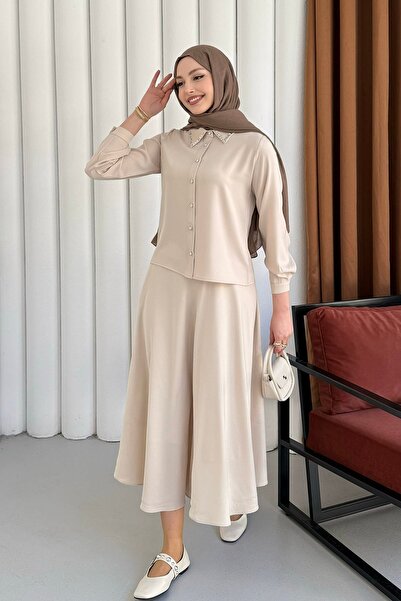 Modaensarbutik Yakası Taş İşlemeli Etekli Tesettür Takım-TAŞ