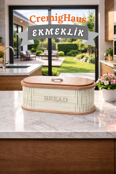 CremigHaus Geleneksel Tasarım Kapaklı Ekmeklik Oval Ahşap Ekmek Sepeti Akça D...