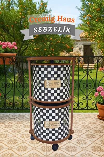CremigHaus Ahşap Sebzelik Geleneksel Tasarım Yuvarlak Dama Desenli 2 x 7 kg K...